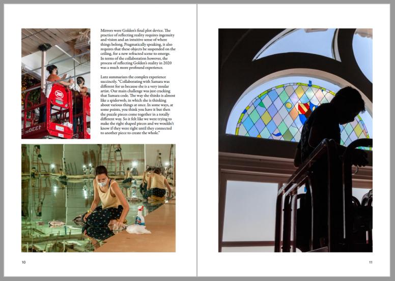 A book spread featuring three images. On the top-left, a person polishes a mirror from a forklift. On the lower-left, a woman sits on a mirrored surface as she polishes it with a rag. Mirrors behind her reflect and refract the room. On the right, a person on a silhouette of a person on a forklift is seen against a diagonally-gridded stained glass detail of a curved window.