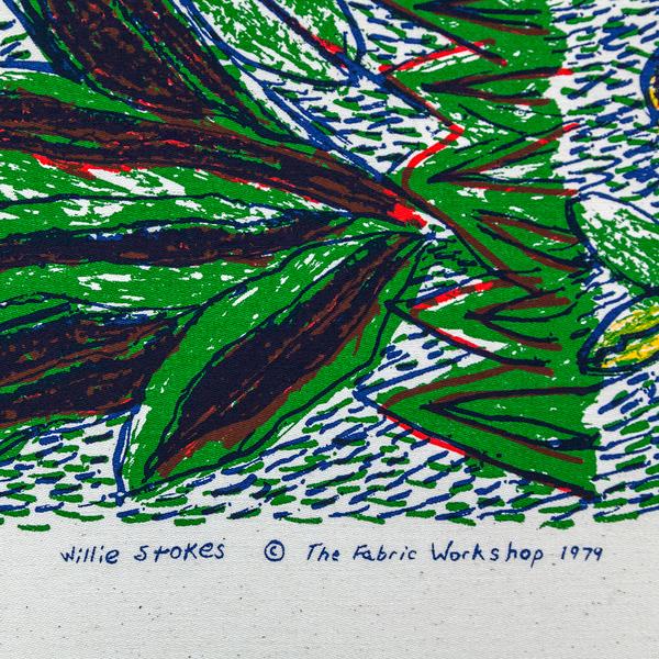 A detail of a screenprinted artwork featuring an up-close drawing of foliage, grass, and environmental textures. Writing at the bottom of the print reads, "Willie Stokes, copyright, The Fabric Workshop and Museum, 1979.