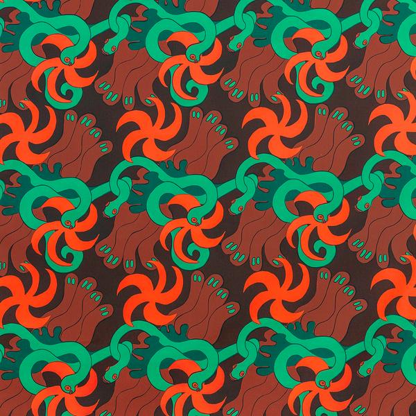 A repeating textile pattern featuring stylized green snakes intertwined with abstract brown shapes and bright orange spirals on a dark brown background.
