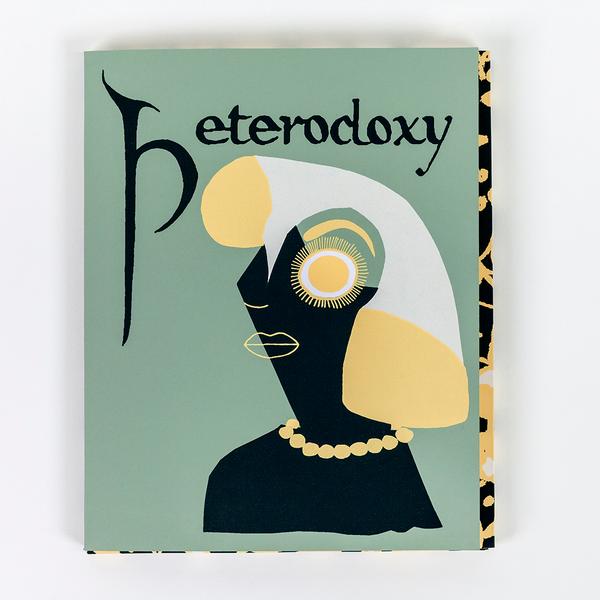 An art-deco inspired illustration of a woman wearing pearls screenprinted on the cover of a book titled "heterodoxy"