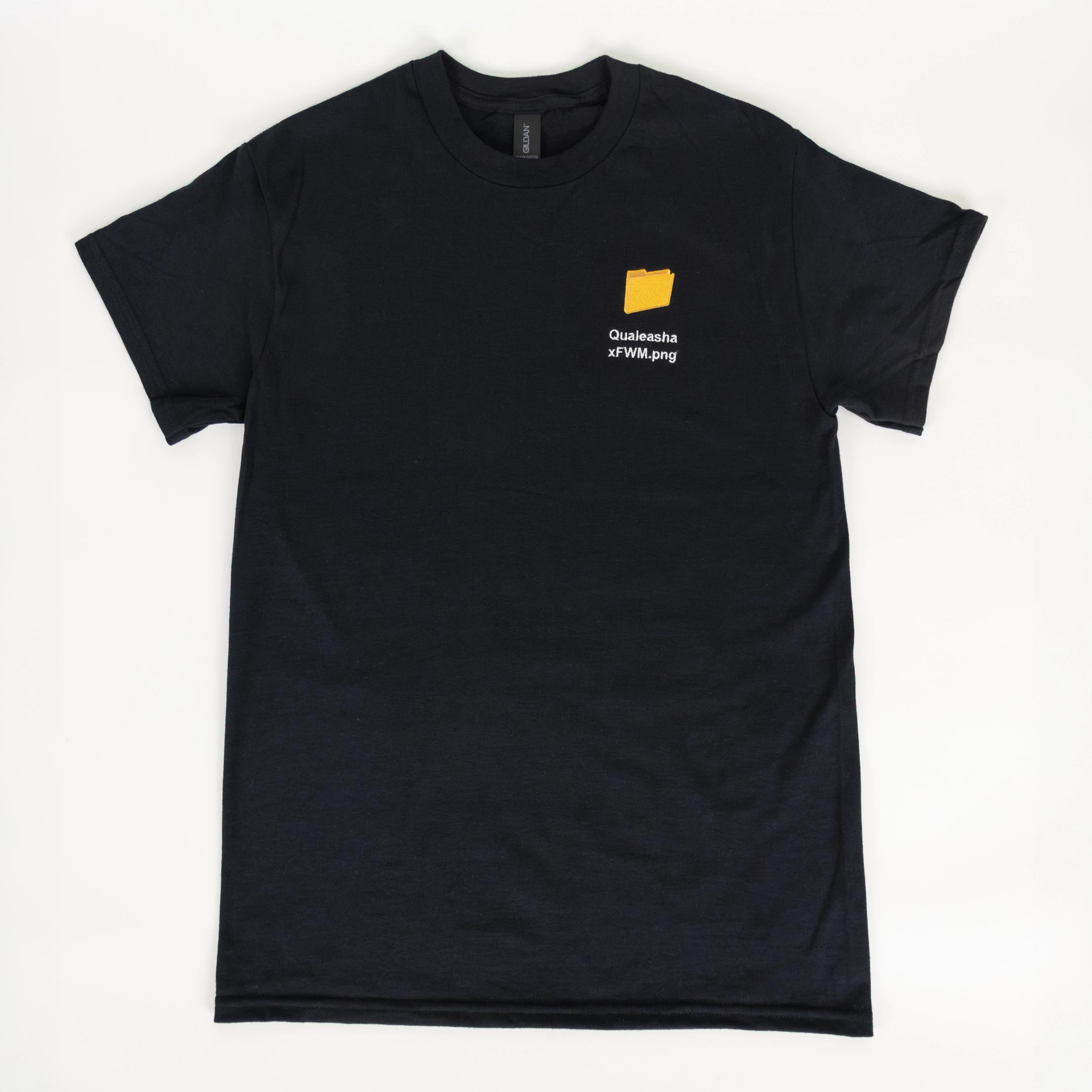 A photo of a black t-shirt with a 1.5 inch yellow computer desktop folder embroidered on the upper left side of the shirt. Below the folder reads "Qualeasha x FWM.png" in white embroidery thread.