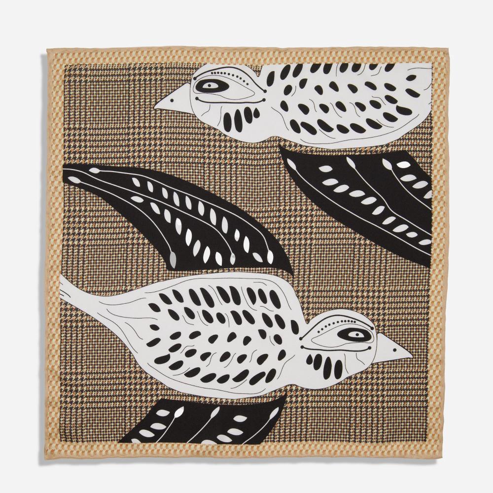 A pocket square with a tan border replicating a woven texture. There are black and white illustrations of two house sparrows flying in opposite directions over a black and tan houndstooth background.