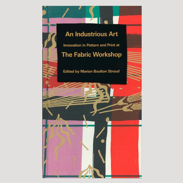 An image of a book cover featuring a colorful pattern by artist Kim MacConnel. The colors in the design that stand out are pink, red, green, and gold.