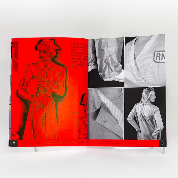 A book spread featuring images and details of nurses' uniforms. On the left, an illustration of a woman wearing an early 19th century nurse's uniform. The page is fully saturated in red. The right page is broken into four quadrants, each featuring a black and white photographic detail of a conceptual nurse's uniform.