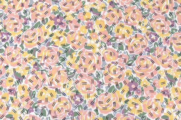 An image of a flat fabric with a pattern of soft floral shapes in feint yellows, reds, and greens with pairs of hatch marks overtop.
