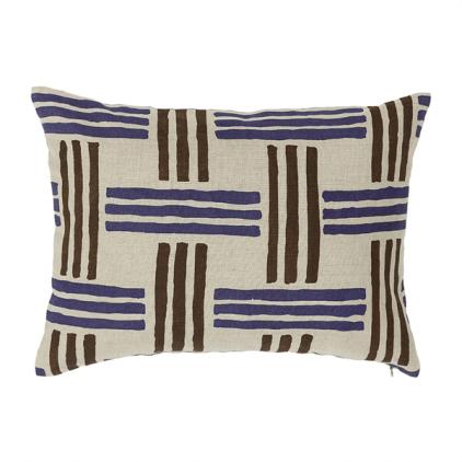 A pillow with a pattern of three brown stripes and three blue stripes that alternate in a manner that suggests weaving. The stripes are printed on a light tan fabric.