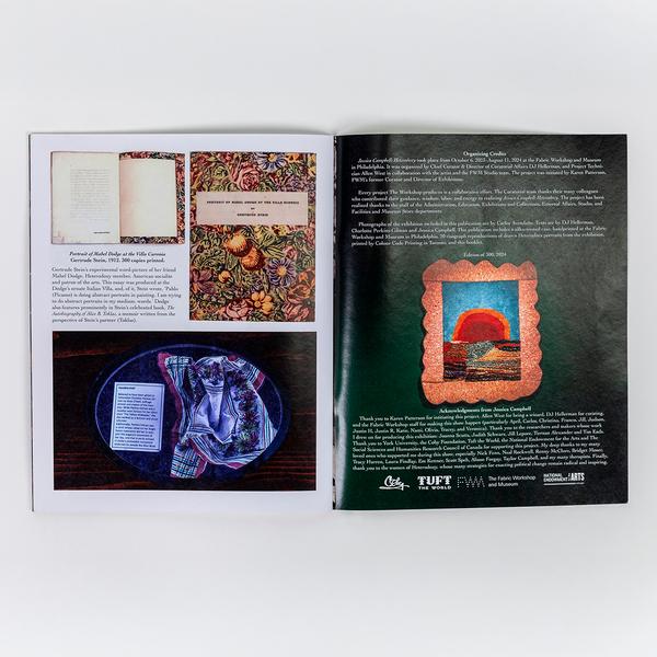 A photograph of an open spread of a book. On the left page, there are two scans of the same book, one of an open spread with text and the other is the cover of the book. Below the scans there is a written excerpt and a photograph of a detail shot of the installation. On the right side there is a full-bleed photograph of a wall-hanging textile artwork installed in a gallery with text overlayed featuring opening credits and acknowledgements.