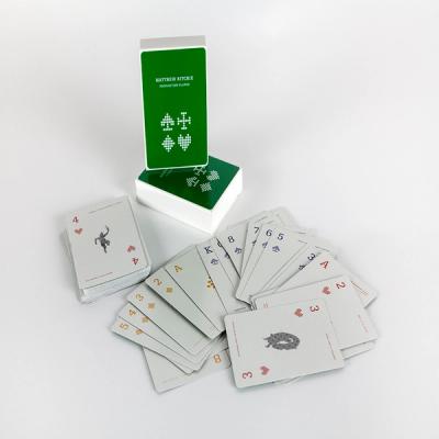 A deck of playing cards sits fanned out on a white backdrop, facing up. In the back, the box they are packaged in is displayed—it is a bright evergreen color with stylized renditions of diamonds, spades, hearts, and clubs in white. At the top, the box is labelled "Matthew Ritchie Proposition Player"