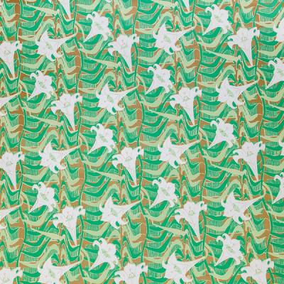 A repeated pattern of white lilies over an abstracted background of green and tan lines that form a loose grid.