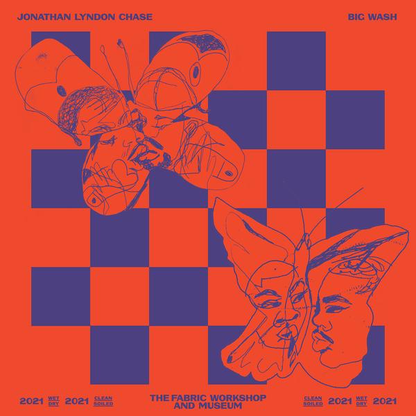 A square, red-orange catalogue cover with a royal-blue checkerboard pattern overlayed. Two hand-drawn butterflies with kissing figures appear on the top-left and bottom-right quadrants, on top of the checkerboard. The top reads "Jonathan Lyndon Chase" and "Big Wash." The bottom reads "2021 Wet Dry, 2021 Clean Soiled" and "The Fabric Workshop and Museum"