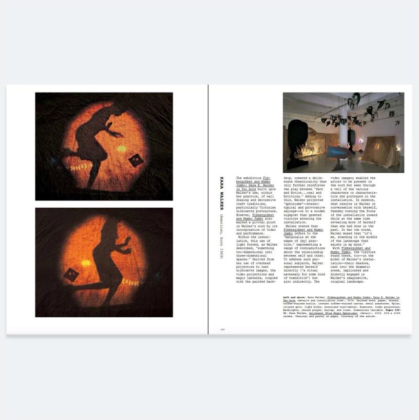 A book spread with images on the left page and text and an image on the right page. On the left, two related images of a silhouette of a woman stepping forward, illuminated in a circular warm glow. On the right, a short essay is accompanied by a view of an art installation with a tent, a cartoonish sign on the floor, and an illuminated scene on the left. Some materials hang from the ceiling.