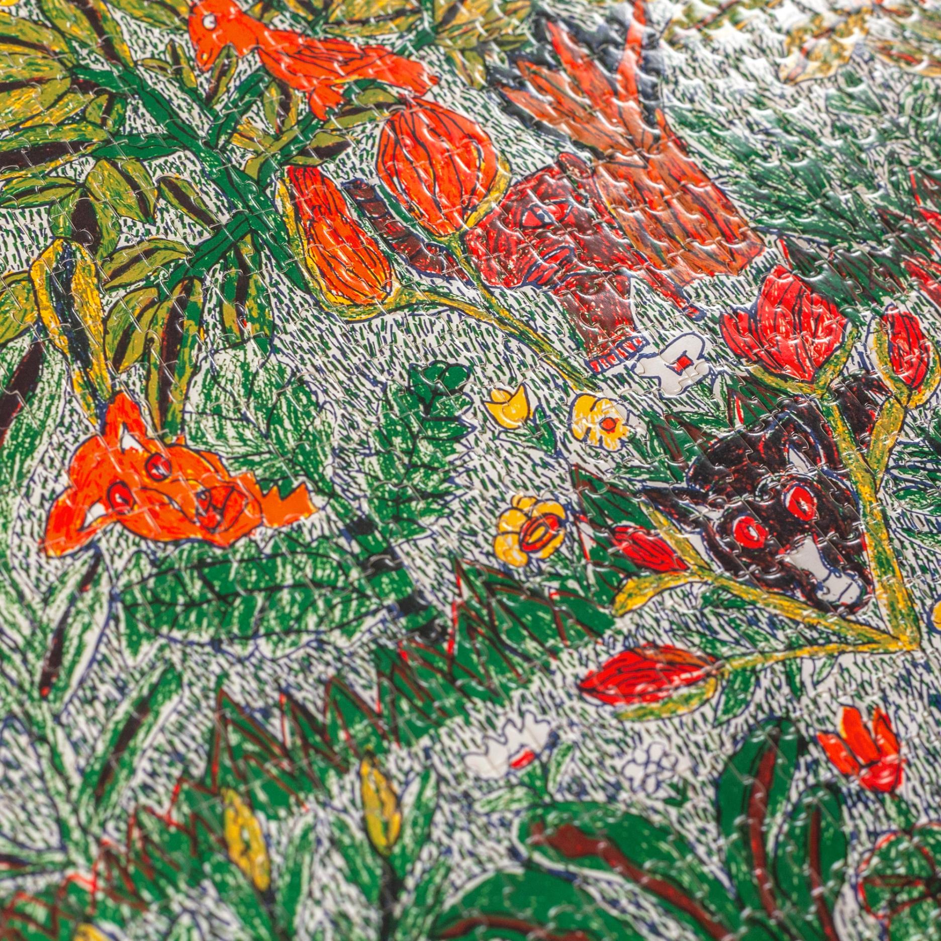 The image shows a closeup detail of the completed puzzle surface. The puzzle pieces are small and the detail of the image shows that it is filled with small hand-drawn lines.