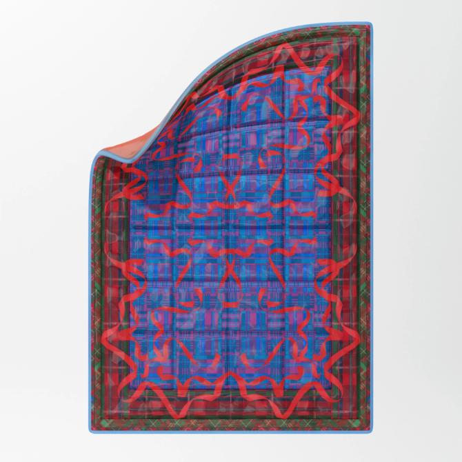 A rectangular blanket with a dark red border and deep blue center. A mirrored pattern of bright red ribbons make up the top layer of detail. 