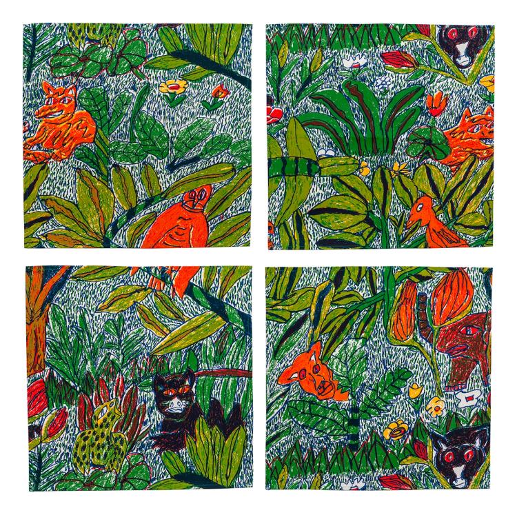 A photo of four fabric napkins laid out in a grid. The pattern on the napkins features a colorful design of hand-drawn leafy foliage, flowers, and wild creatures.