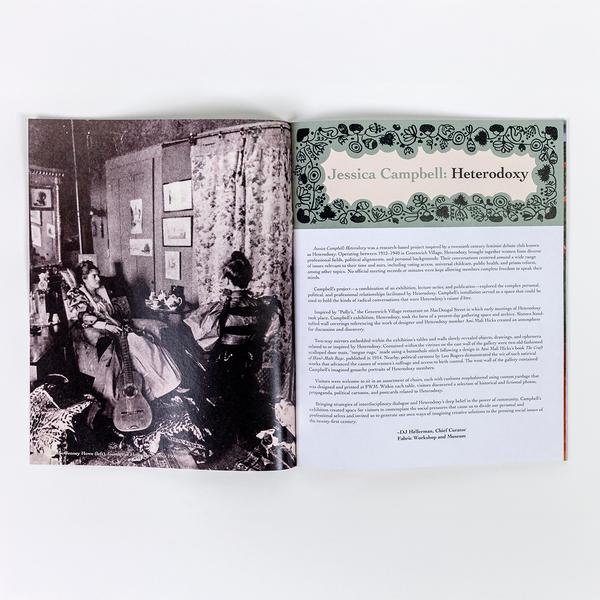 A photograph of an open spread of a book. On the left is a full-bleed black and white photograph of two women sitting at a table from 1900. On the right is an introduction page with the headline, "Jessica Campbell: Heterodoxy"