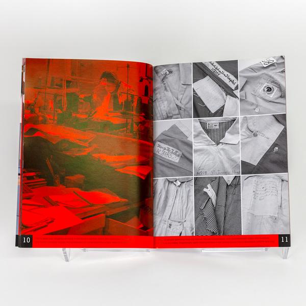 A book spread with the left page featuring a red-saturated photo of a cluttered studio. The right page is broken into nine rectangular photos, all black and white details of fabric garments and labels.