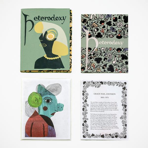 A photograph of four paper materials laid out in a grid consisting of a screenprinted portfolio, a colorful risograph of an illustration of a woman paired with a riso printed biography, and a digitally printed booklet. The title of the booklet reads "heterodoxy"