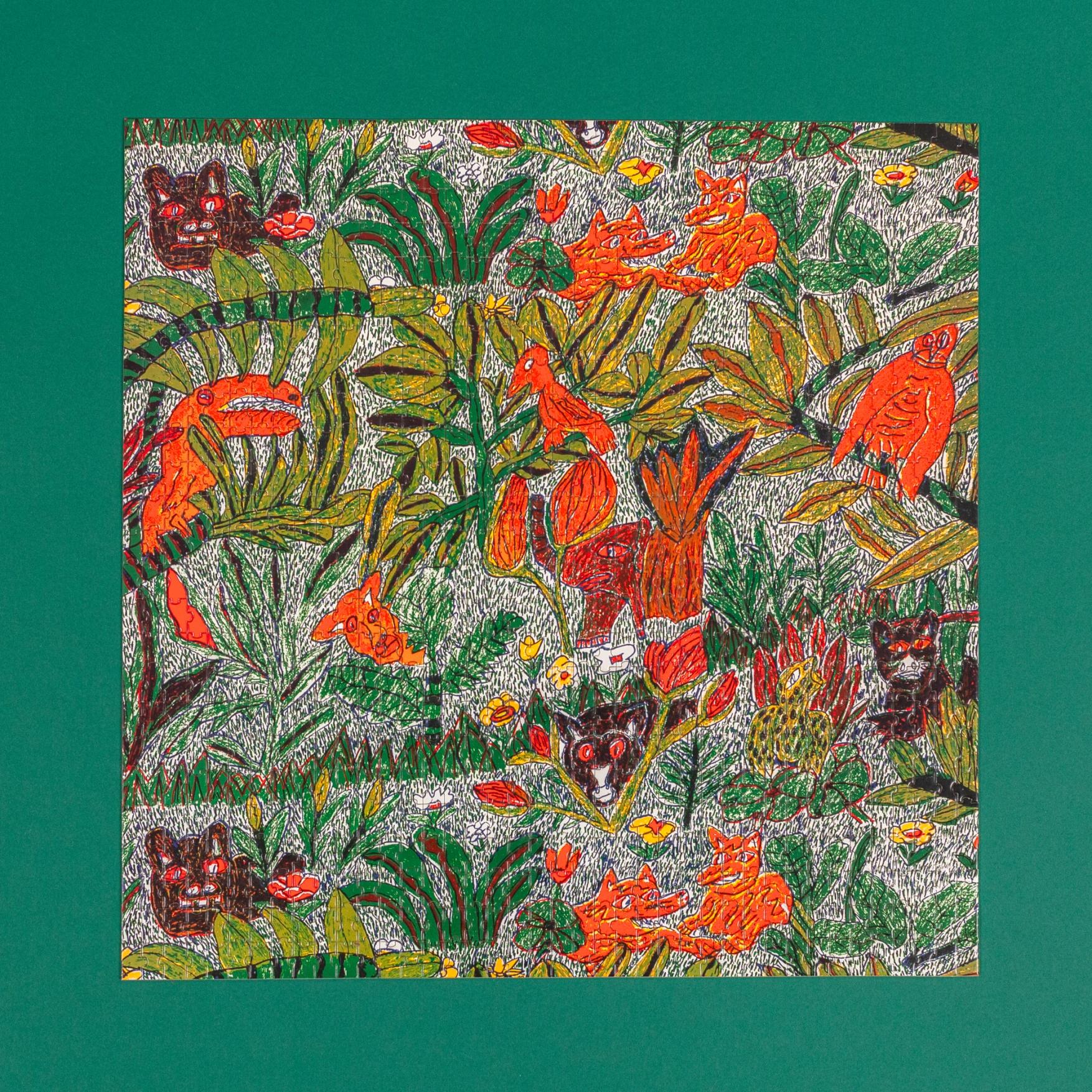 The image shows the completed puzzle against a dark green background. It is the same pattern of jungle plants and animals as is shown on the front of the box in the first photo.
