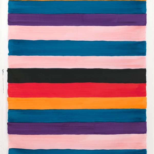 Painted horizontal stripes of alternating light pink, purple, blue, ochre, red, and black on white fabric. There is a white border on the left and right sides of the fabric. The artist's signature and printing credit is printed on the left side border. The information is as long as about the width of two stripes.