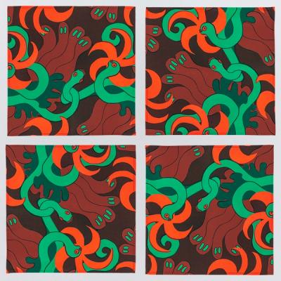 A set of four square napkins made of fabric featuring a repeating textile pattern with stylized green snakes intertwined with abstract brown shapes and bright orange spirals on a dark brown background.