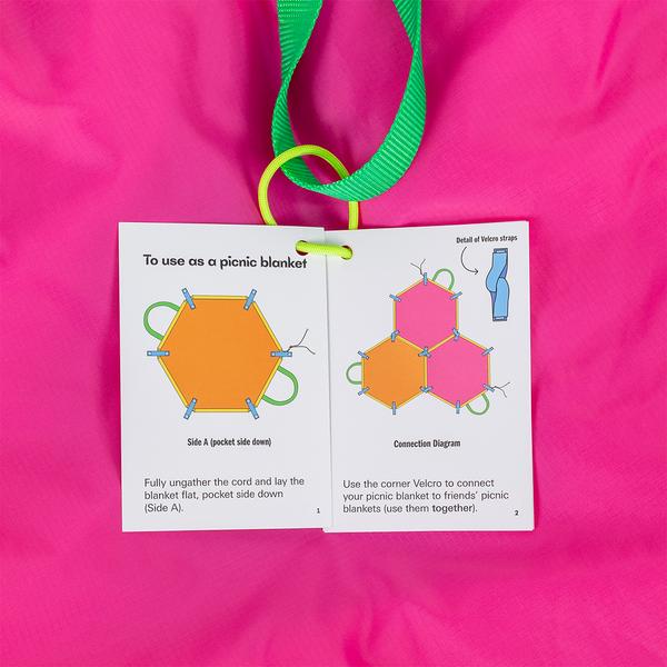Instruction booklet against a bright pink fabric background showing diagrams for using a hexagonal picnic blanket, with steps for laying it flat and connecting multiple blankets with Velcro straps.