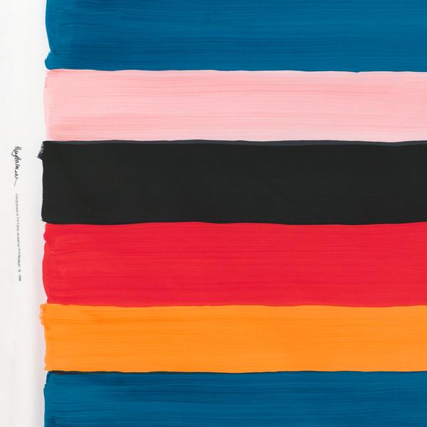 Painted horizontal stripes of alternating light pink, purple, blue, ochre, red, and black on white fabric. There is a white border on the left. The artist's signature and printing credit is printed on the left side border. The information is as long as about the width of two stripes.