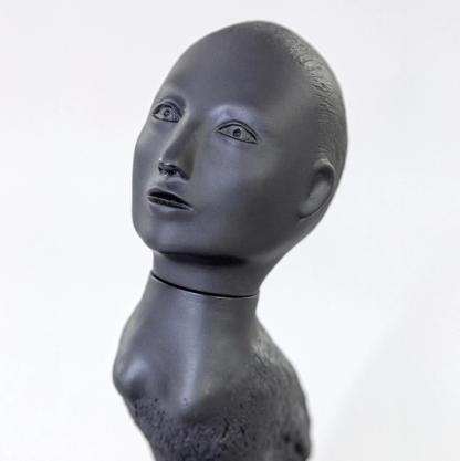 A detail of a small sculpture of a creature composed of a human head looking upwards with a bird's body.