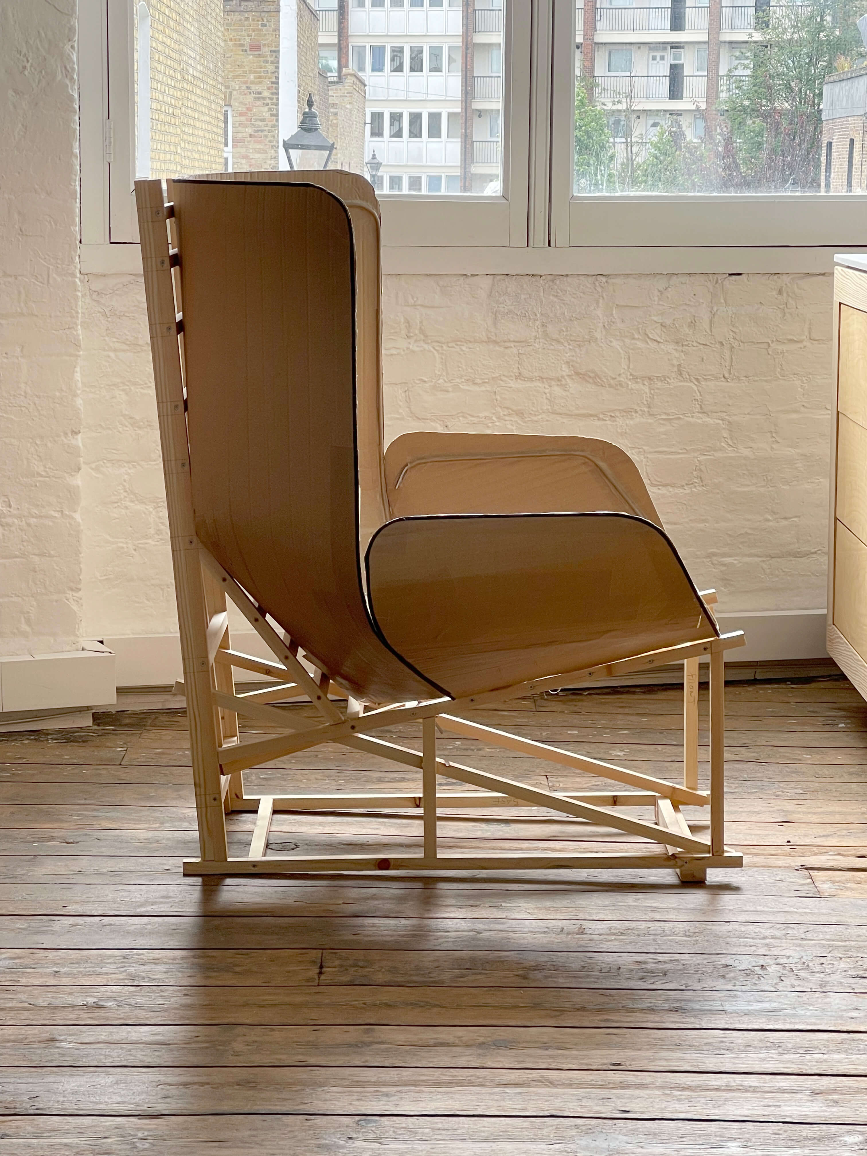 Lepal chair prototype in wood and cardboard, Jonathan Levien, 2024