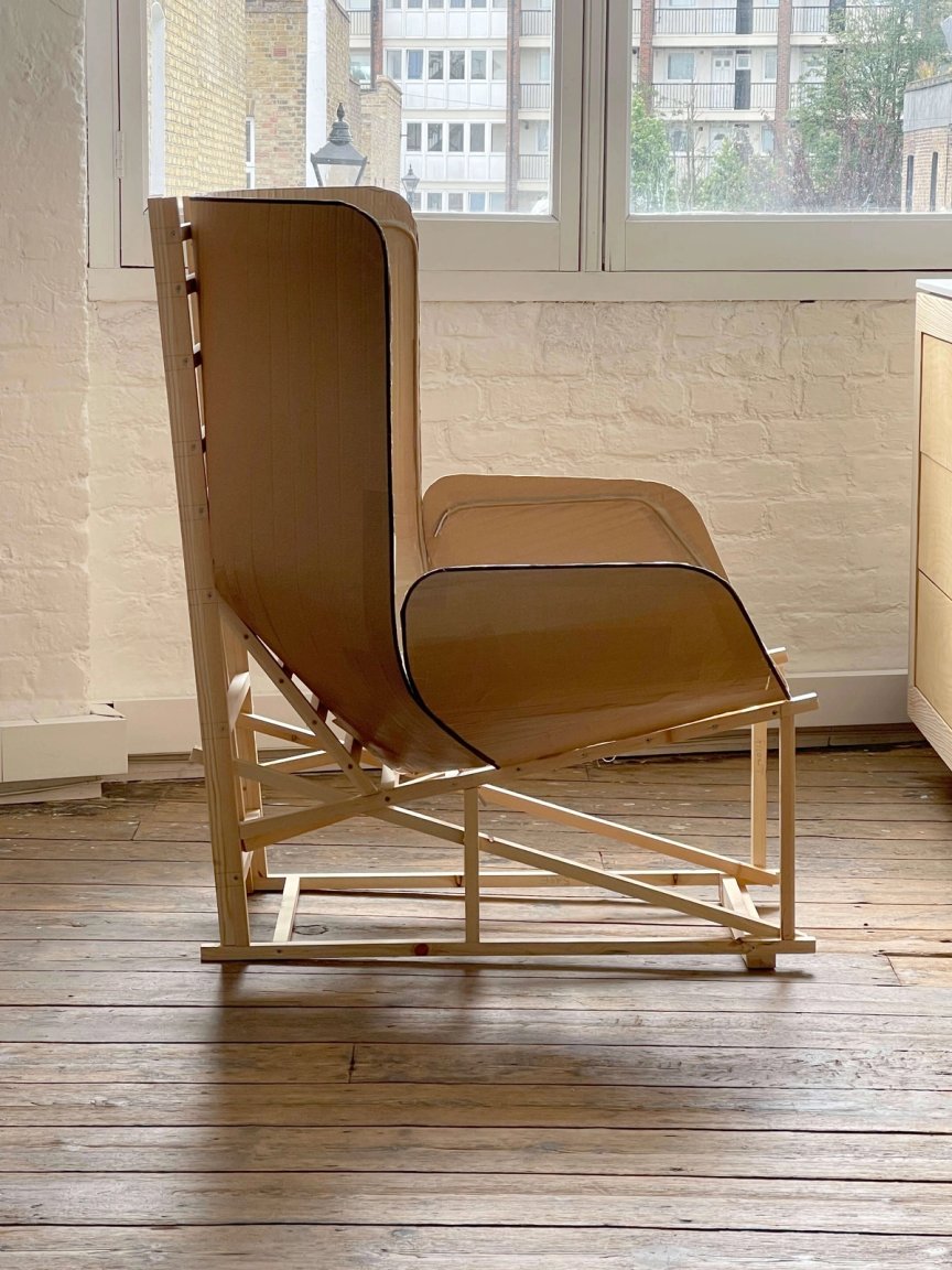 Lepal chair prototype in wood and cardboard, Jonathan Levien, 2024