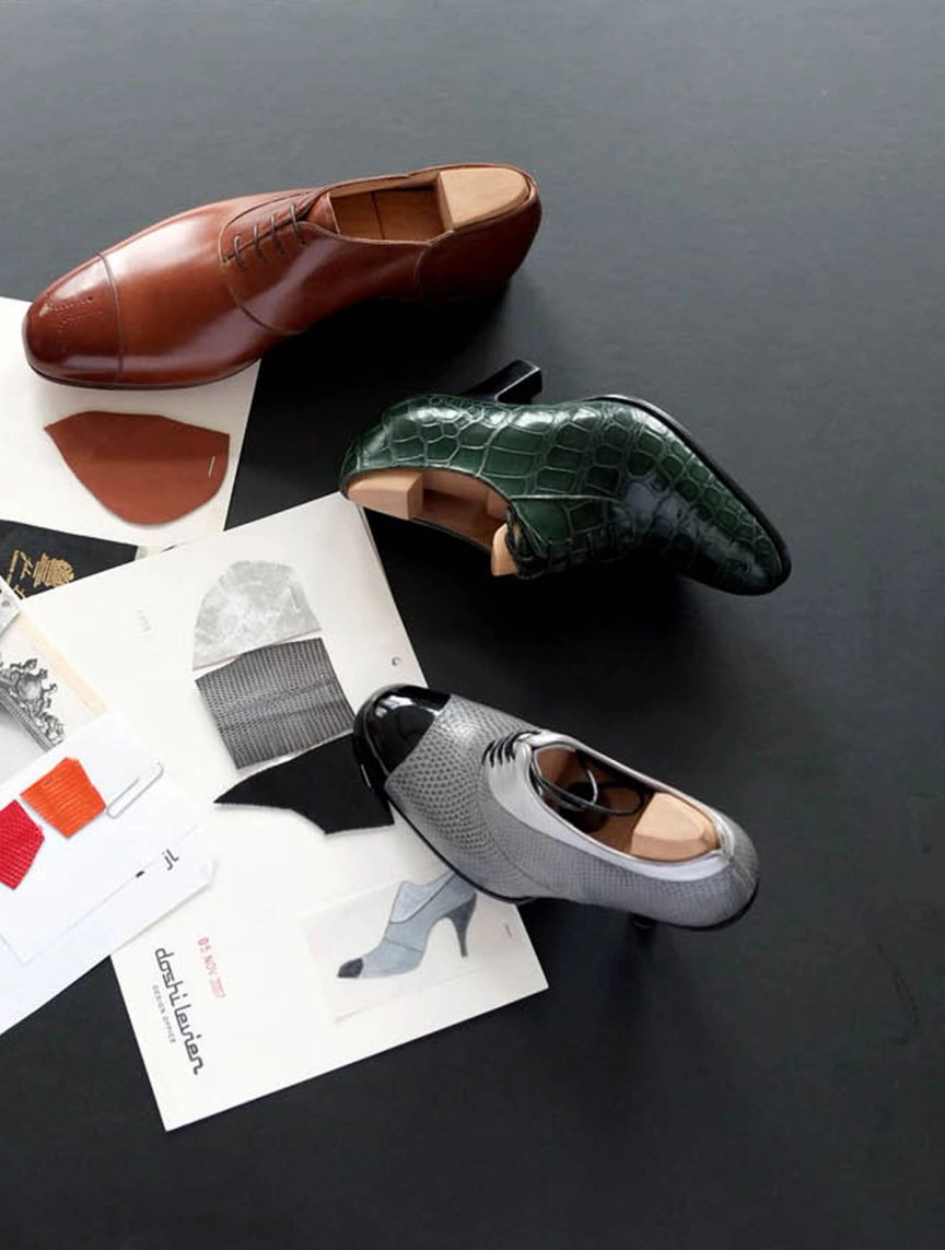 SKETCHES, MATERIAL STUDIES AND FINISHED SHOES