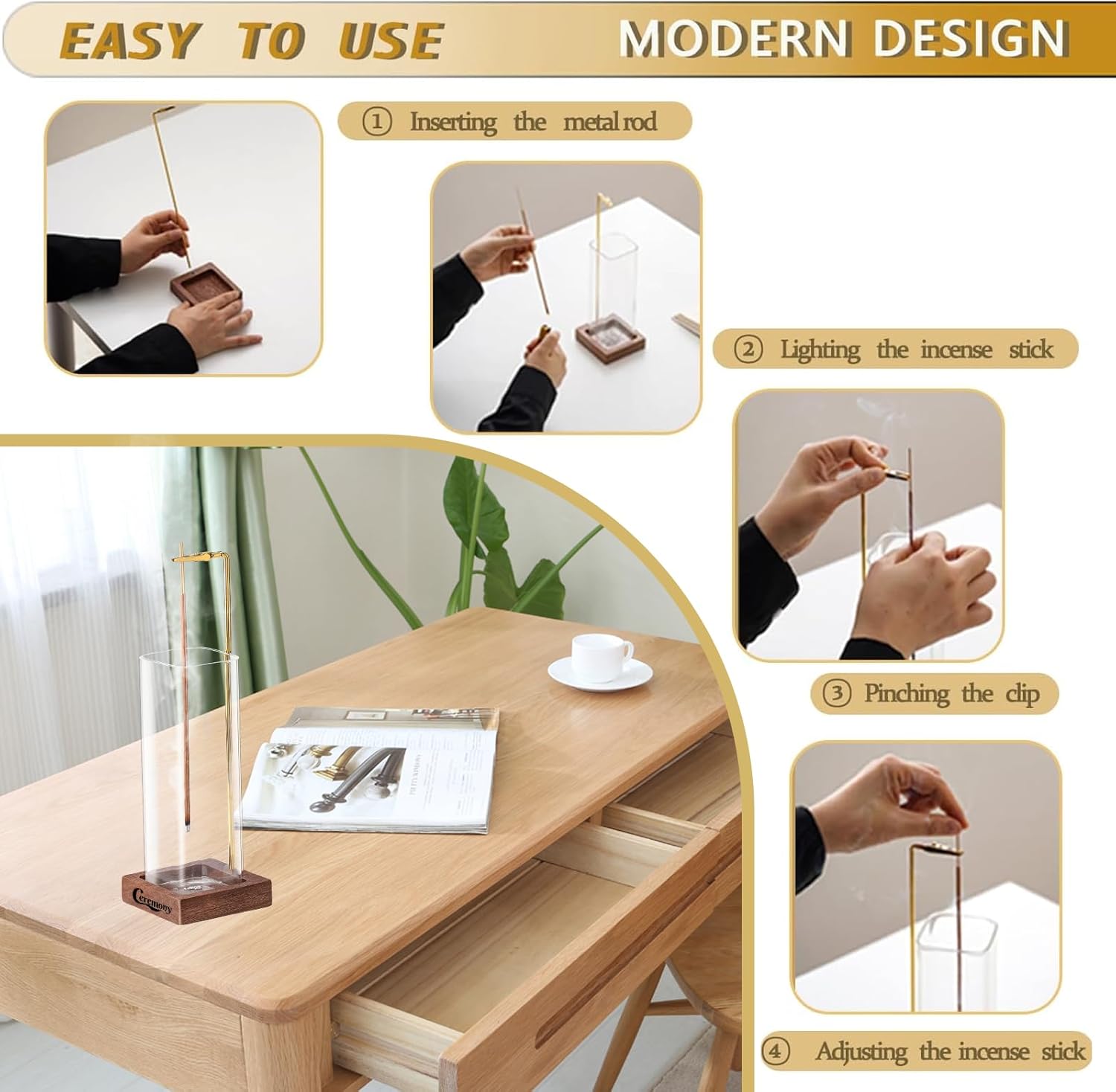 CEREMONY Wooden Incense Holder with Glass Ash Catcher