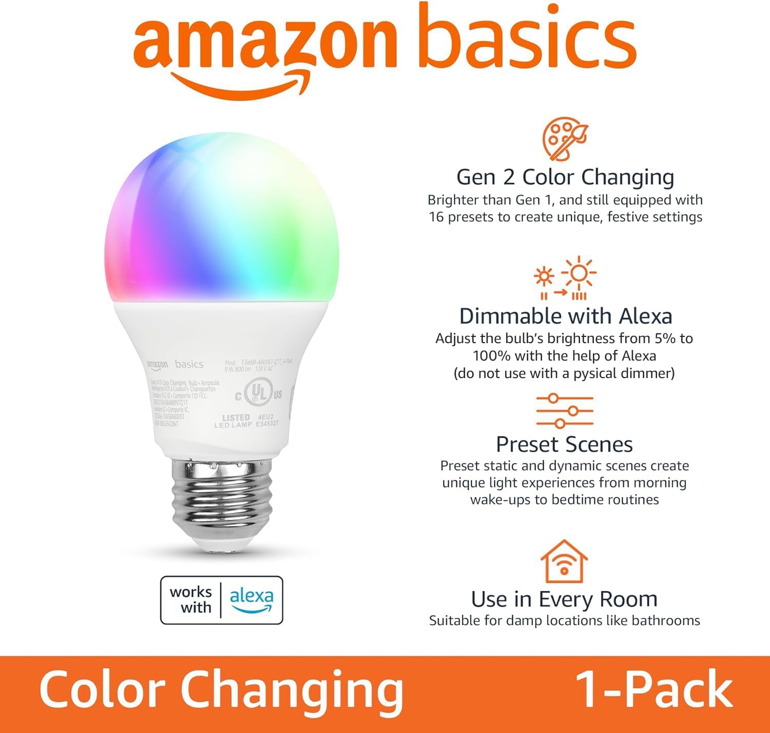 Amazon Basics Smart A19 LED Light Bulb, Color Changing