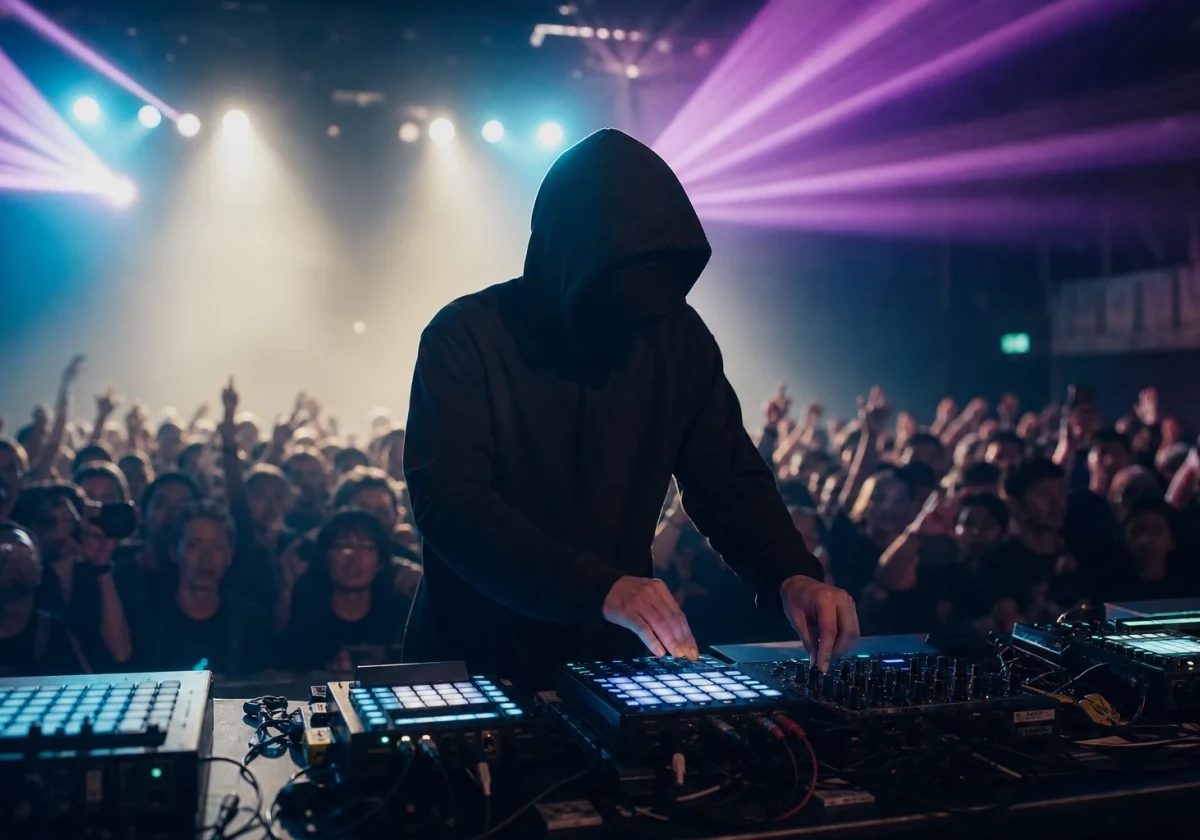 Anonymous future bass producer performing an uplifting electronic live set