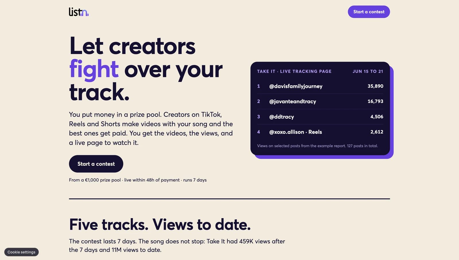 Redesigned LISTN Creator Contest page showing the campaign proposition and a reporting example
