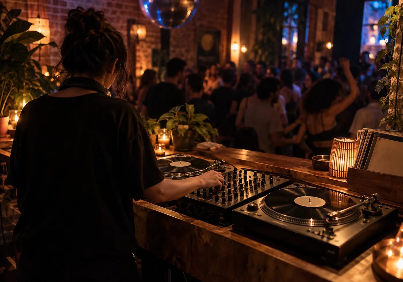 Anonymous house DJ seen from behind at turntables in a warmly lit intimate club; AI-generated editorial scene