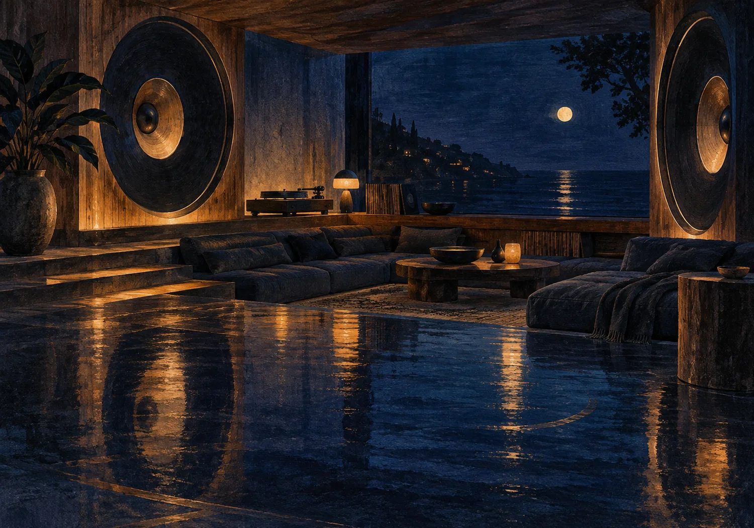 Painterly midnight listening room with warm wooden speakers and indigo reflections