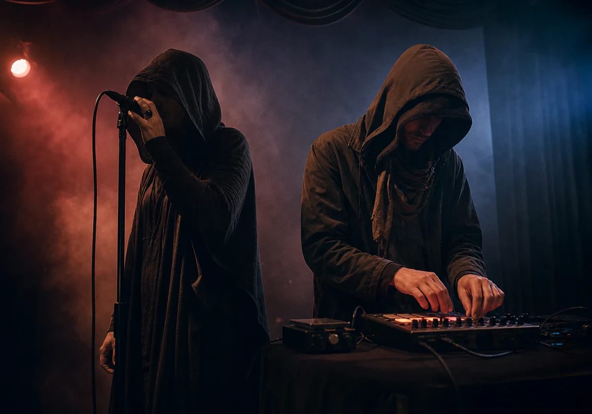 Anonymous trip-hop vocalist and producer performing on a smoky theatre stage