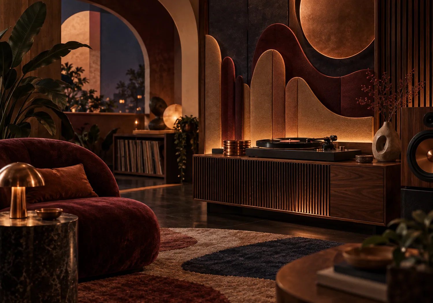 Warm modern nu soul listening room with vinyl, walnut, copper and velvet textures