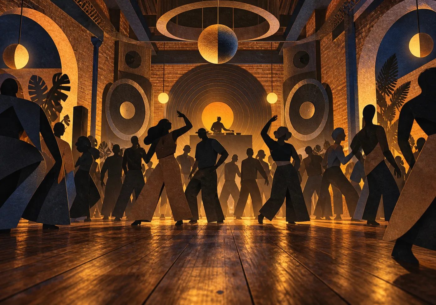 Amber-lit dancers and circular speakers in a textured warehouse club illustration
