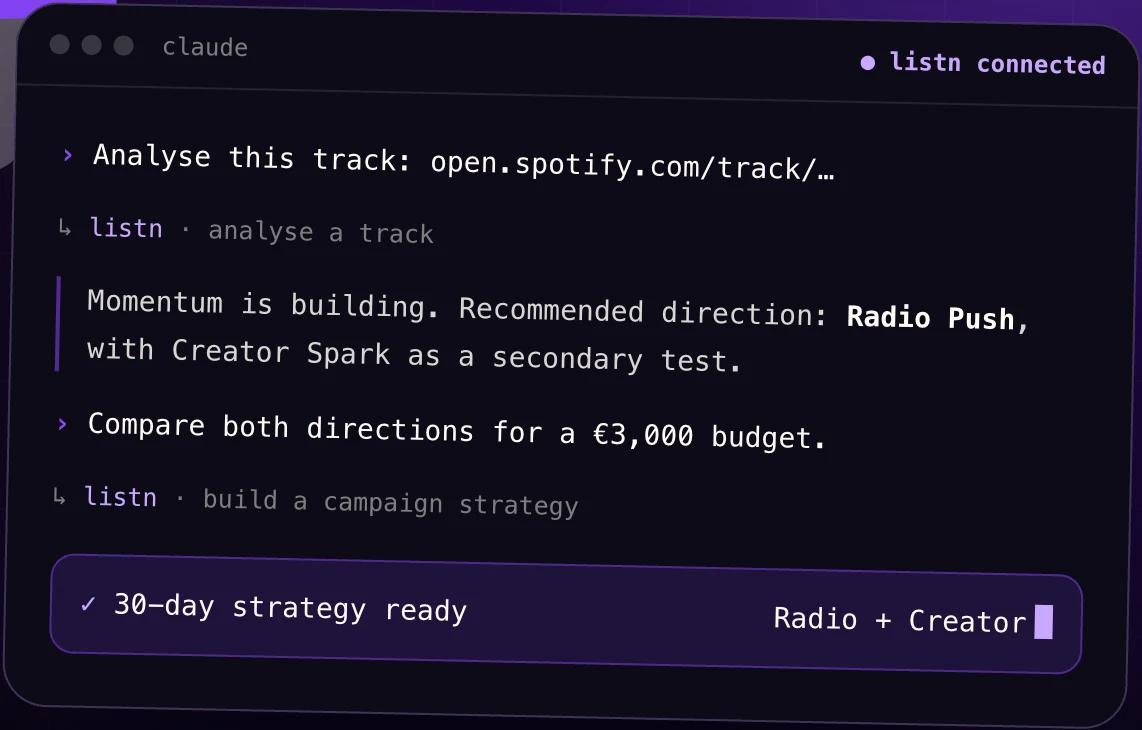 Illustrative LISTN MCP conversation comparing radio and creator promotion for a track