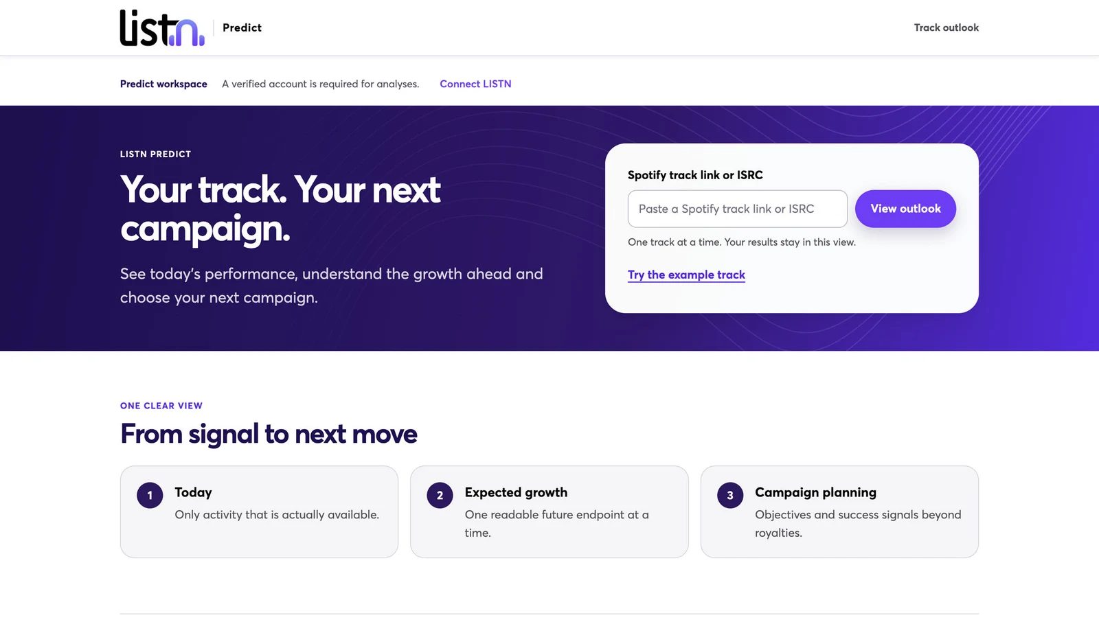 New LISTN Predict interface organized into Today, Expected growth and Campaign planning