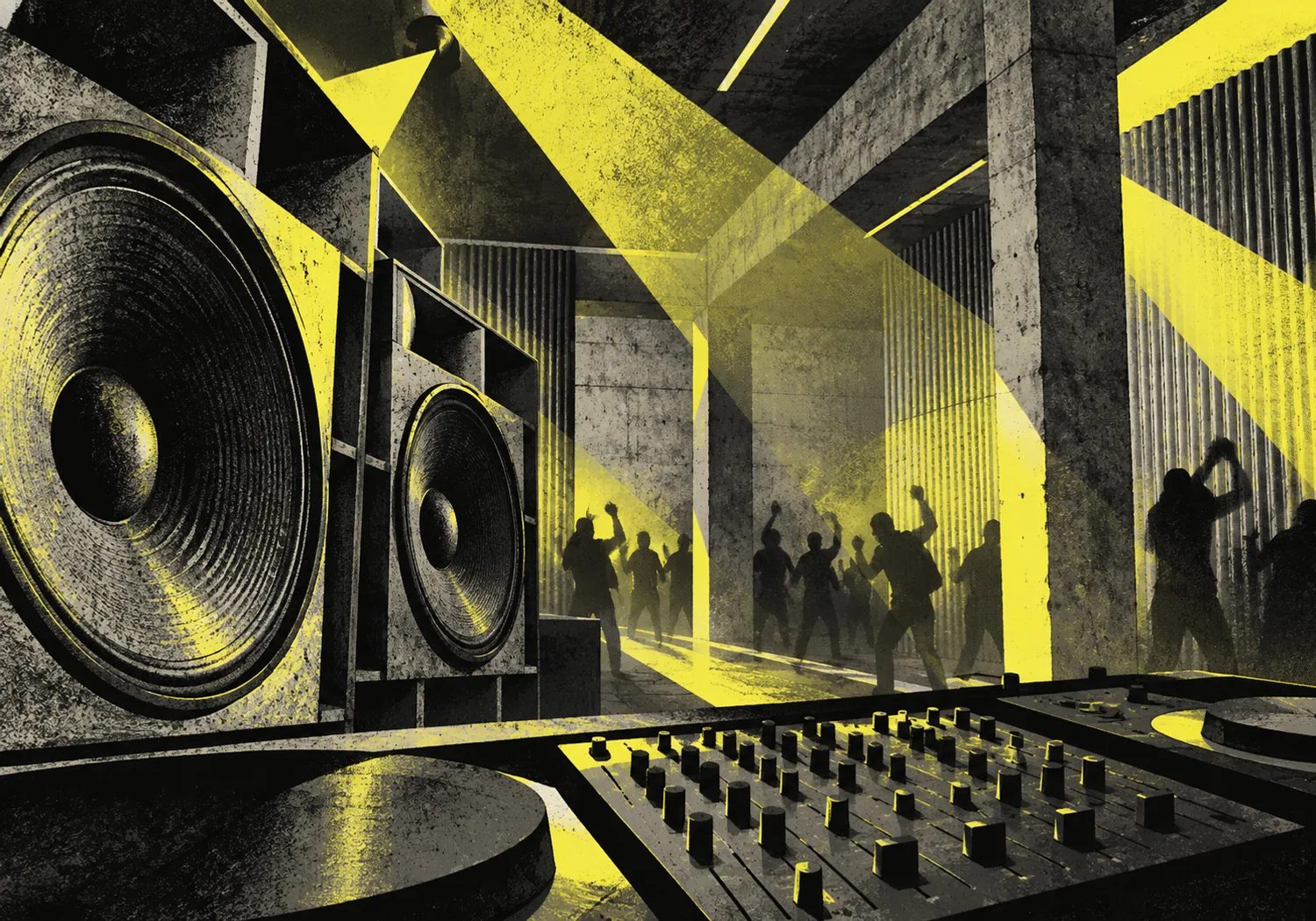 Angular yellow light cuts through a charcoal club with sculptural speaker cones