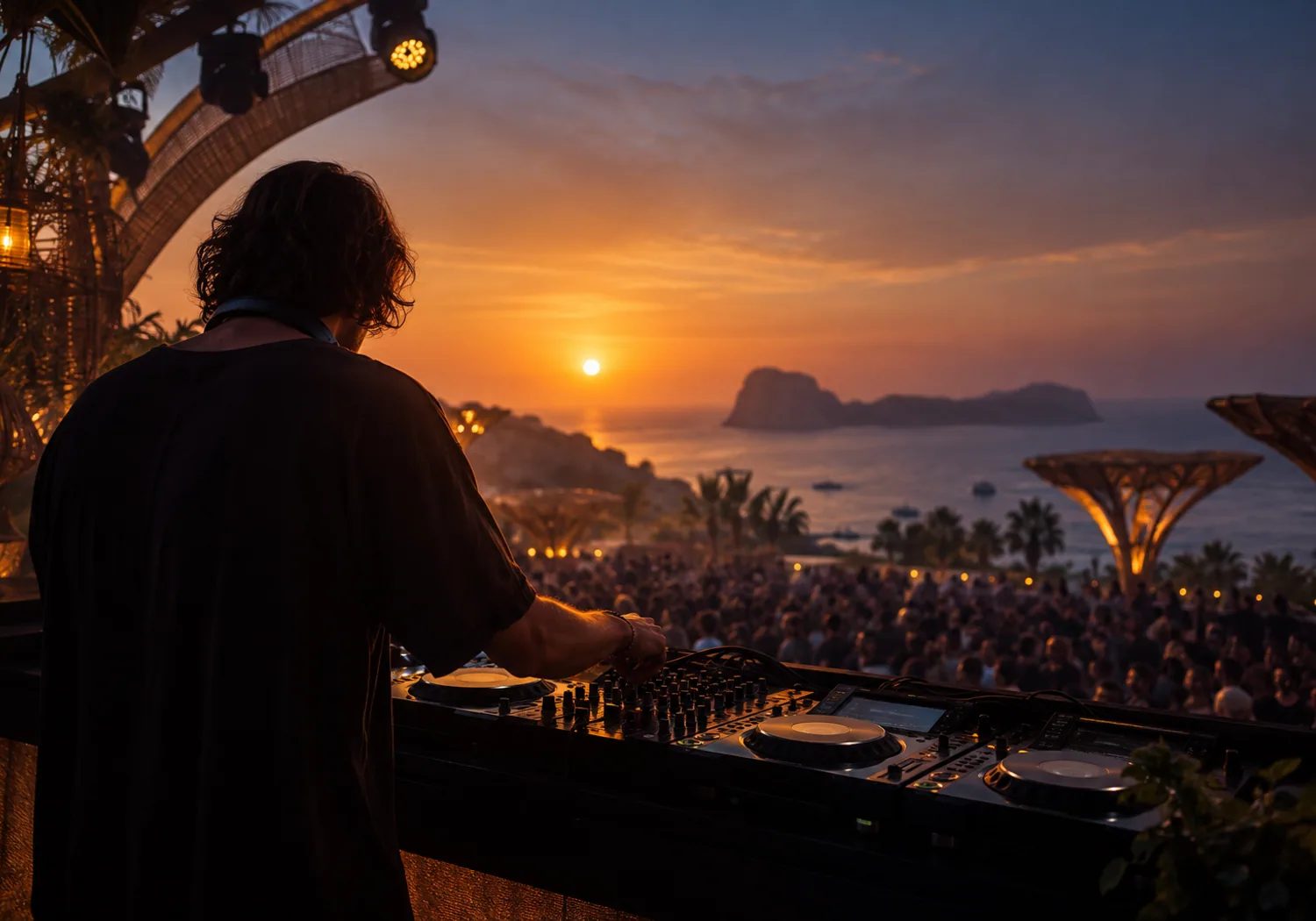 An anonymous progressive house DJ performs above a coastal crowd at sunset