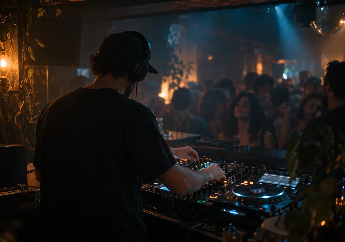 Anonymous liquid drum and bass DJ performing in an intimate late-night club