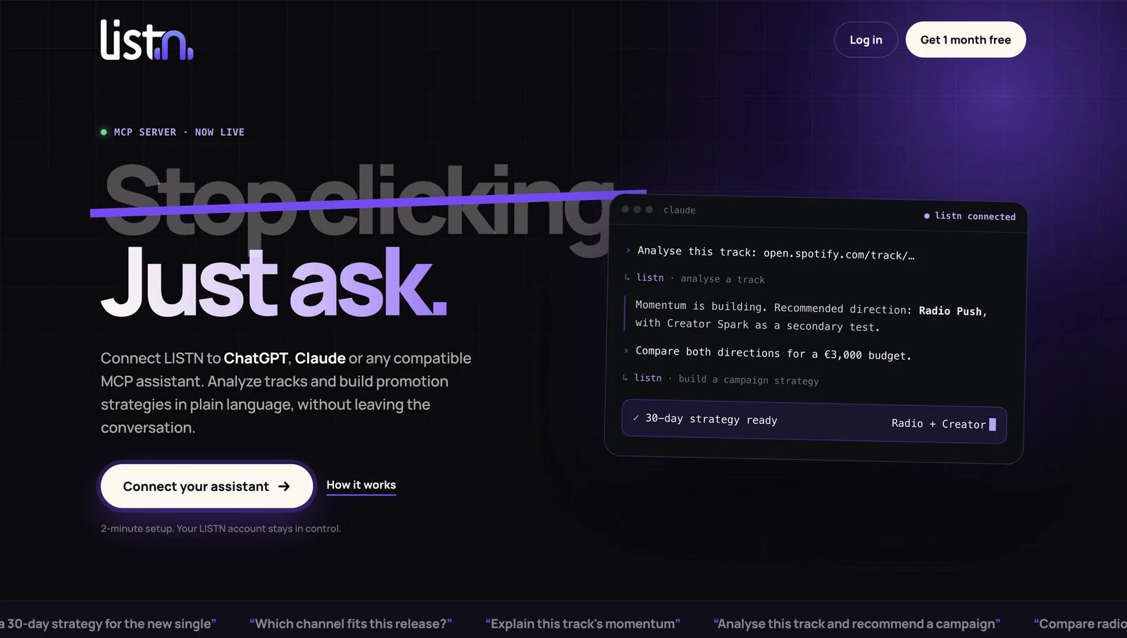 LISTN MCP public introduction showing track analysis and campaign strategy in an AI conversation