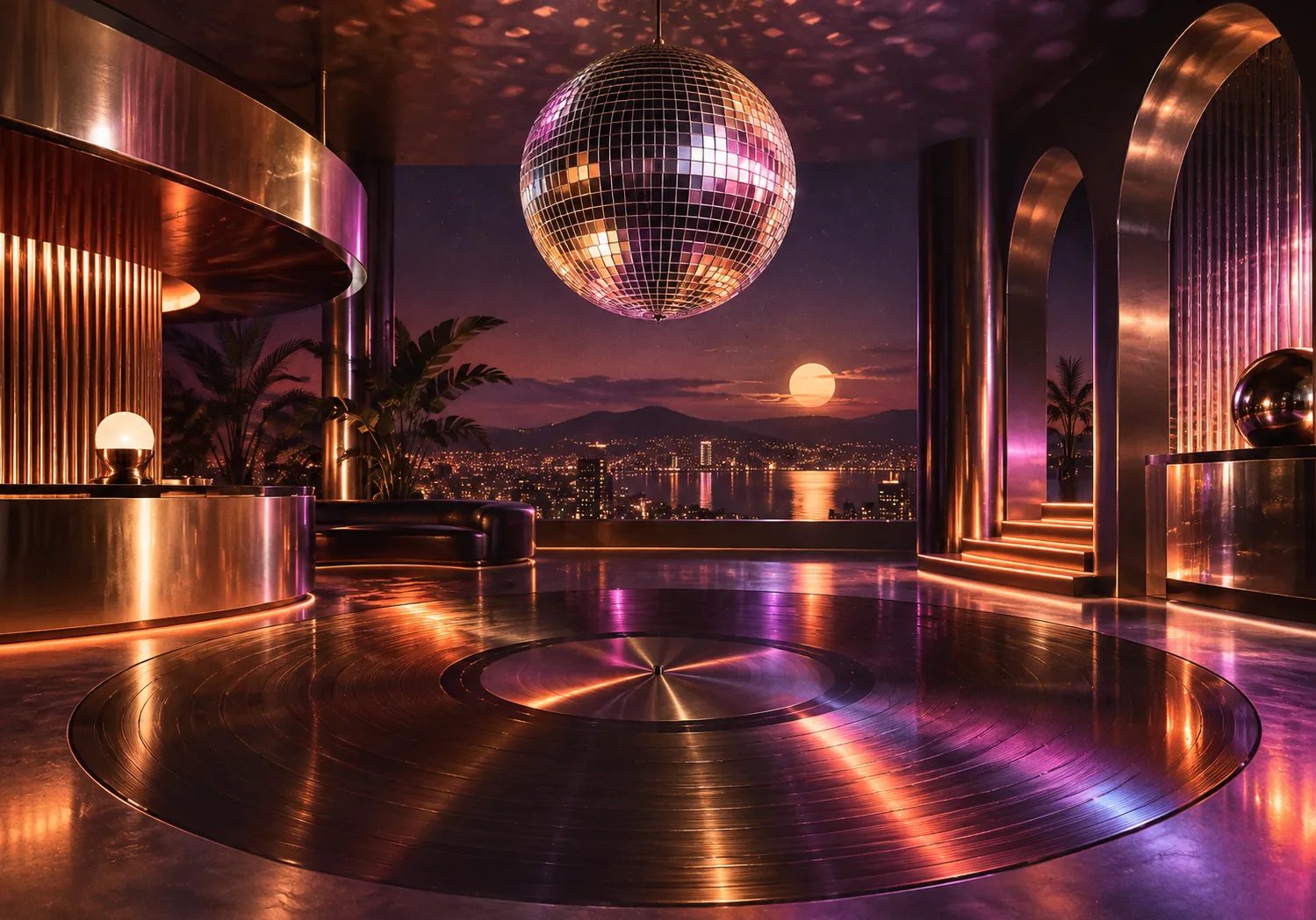 Abstract nu disco listening room with mirror ball, chrome and vinyl textures