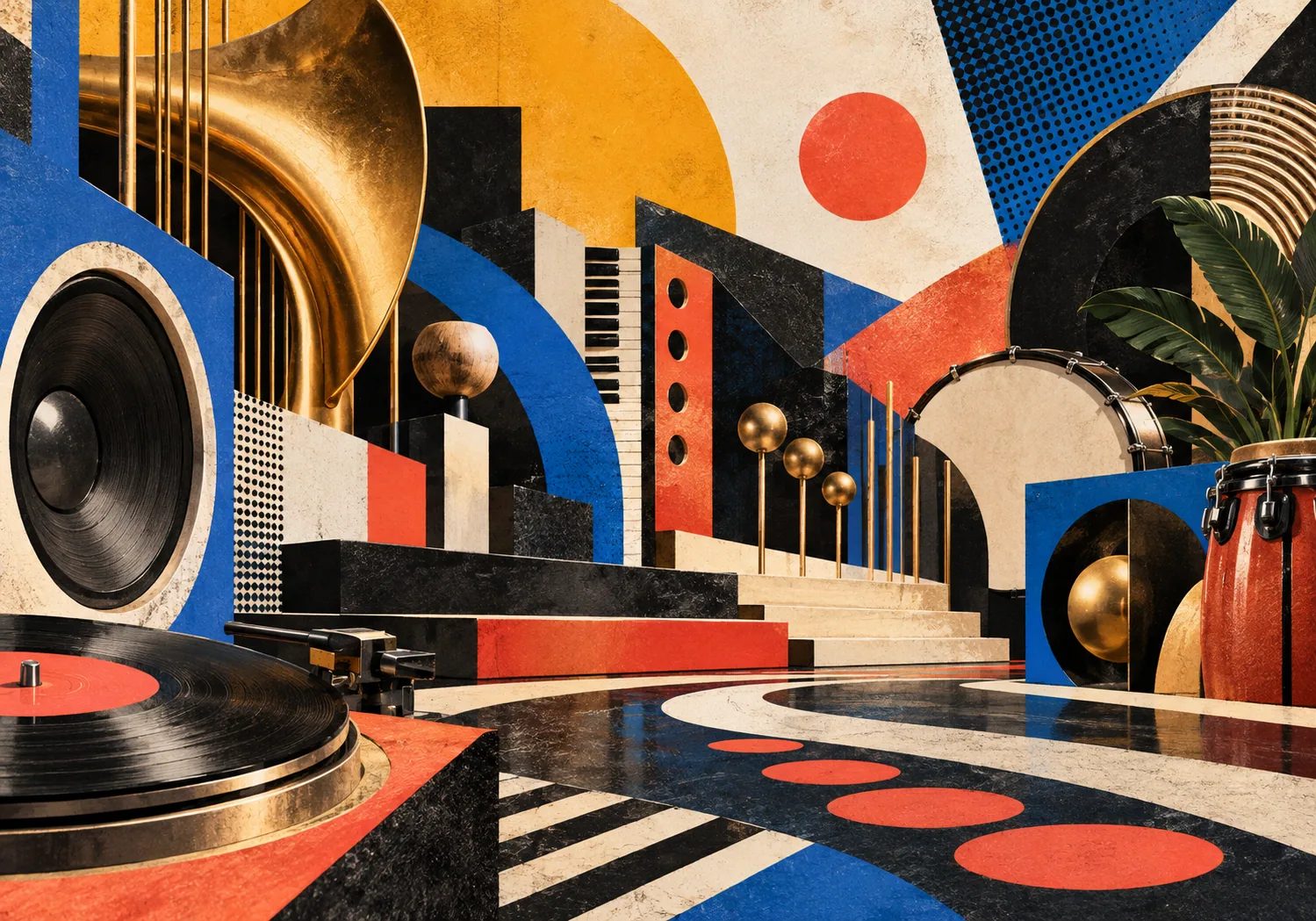 Colorful abstract nu funk scene with vinyl, brass, percussion and geometric rhythm