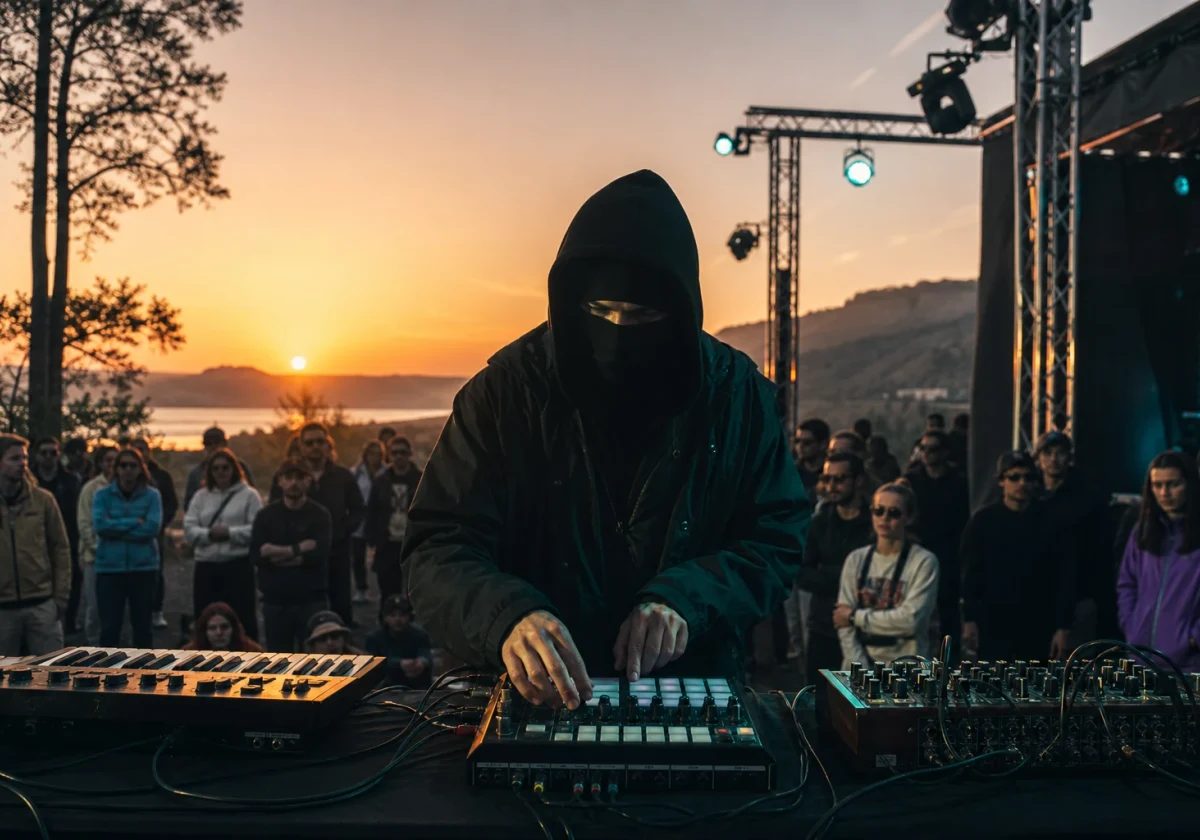 Anonymous downtempo producer performing with electronic instruments at sunset
