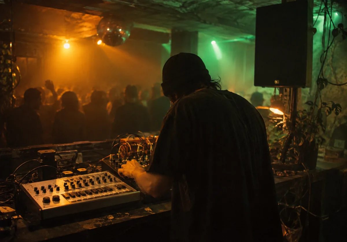 Anonymous acid-house performer working a bass synthesizer in an intimate club