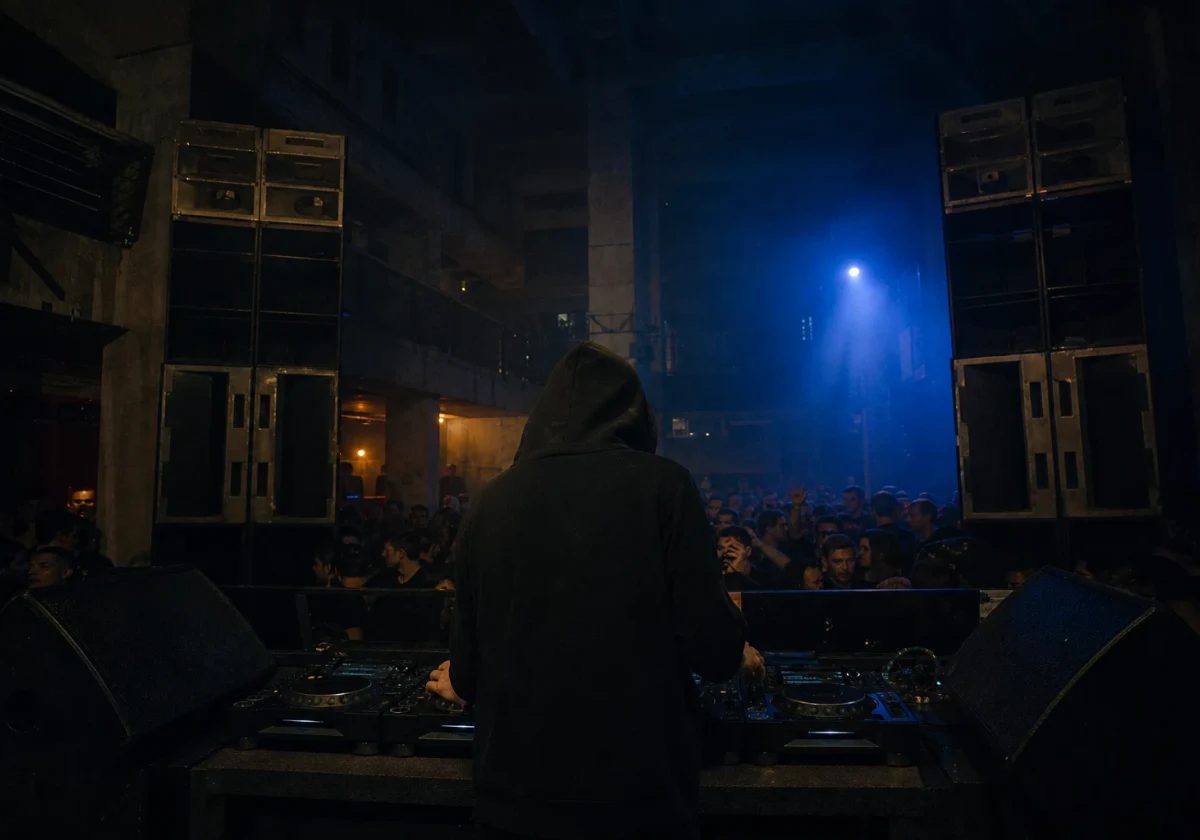 Anonymous dubstep DJ performing between speaker stacks in a dark club